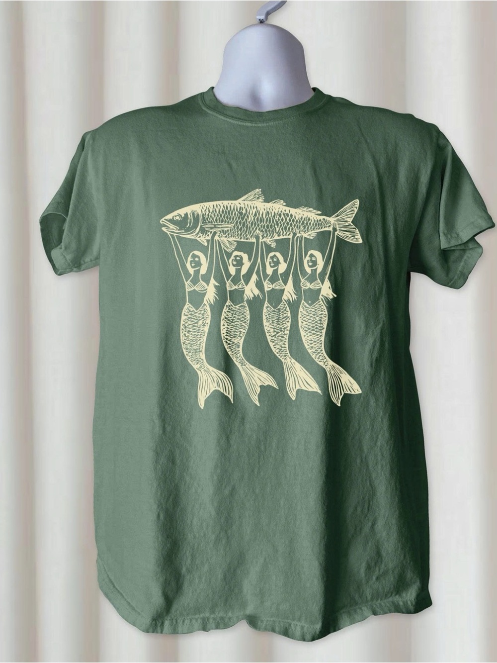 Cream Mermaid & Fish Graphic Gildan MilitaryGreen Tshirt